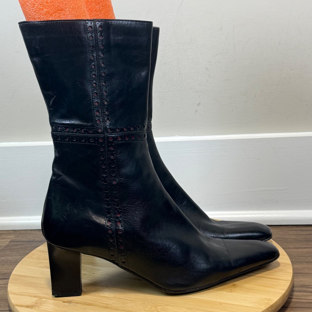 Fabianelli Made in Italy Leather Brogue Boots Womens 9.5 B Black Square Toe Heel